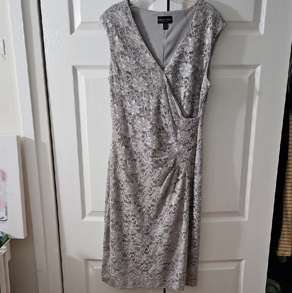 Silver Floral Lace Midi Dress